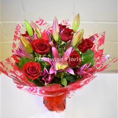 Romantic Red Rose and Pink Lily Handtied 