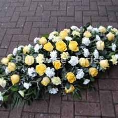 - Rose and Carnation Coffin Oasis in Yellow &amp; White