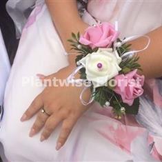 4A Silk Three Pink and White Roses Wrist Corsage on Pearl Bracelet