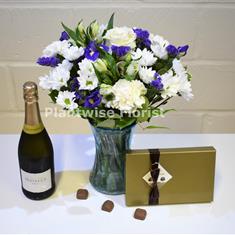 Blue Magic Vase of Flowers With Prosecco and Chocolates
