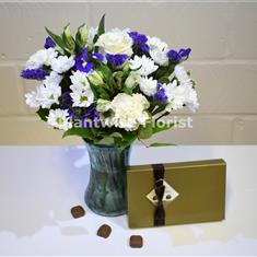 Blue Magic Vase of Flowers With Chocolates