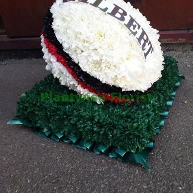 Val Spicer Rugby Ball On Pitch Funeral Memorial Tribute – 3D Wet Foam Oasis – SKU 2481