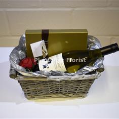 White Wine Hamper With Chocolates In A Gift Basket