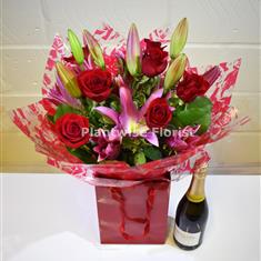 Romantic Red Rose and Pink Lily Handtied with Prosecco