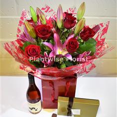 Red Rose &amp; Pink Lily Handtied with Chocolates &amp; Rose Wine