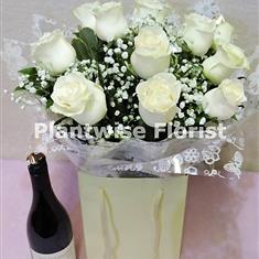 A Valentine's Day White Roses &amp; Gyp Handtied With Red Wine