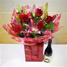 A Red Rose &amp; Lily Valentine's Bouquet With Red Wine