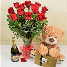 A Valentines Day Luxury Red Roses In Vase Prosecco, Teddy &amp; Chocolates
