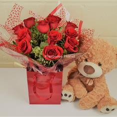 -  Valentine's Day Red Roses Handtied With Large Teddy
