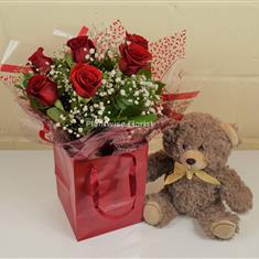 6 Valentine's Day Red Roses &amp; Gyp Bouquet With Coco Teddy