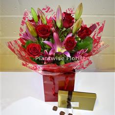 A Red Rose &amp; Lily Valentine's Bouquet With Chocolates 