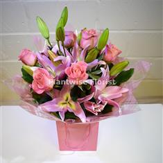 Pink Roses and Lilies Handtied