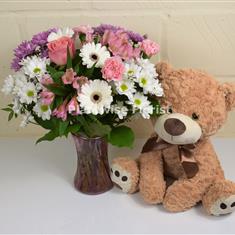 Baby Girl Ava Vase of Flowers with Teddy