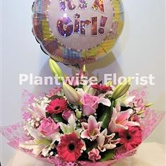 Baby Girl Radiant Pink Hand-tied with Baby Girl Balloon 
