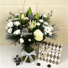 Snow White Vase Of Flowers With Chocolates