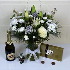 Snow White Vase Of Flowers With Chocolates &amp; Prosecco 