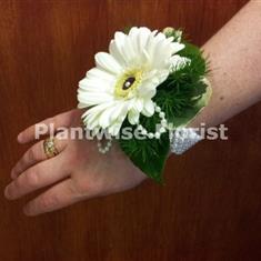 1B Fresh White Germini Wrist Corsage on Pearl Bracelet 