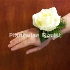 2C Fresh Single White Rose Prom Wrist Corsage on Pearl Bracelet
