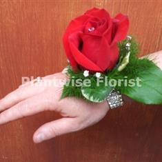 2 Fresh Single Red Rose Prom Wrist Corsage on Diamante Bracelet