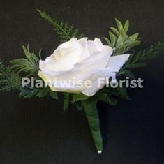 9B Silk Foam White Rose Buttonhole - Standard Design