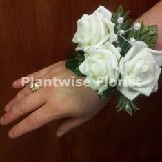 4J Silk Three White Roses Wrist Corsage on Pearl Bracelet