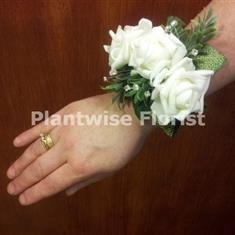 4C Silk Three White Roses Wrist Corsage on Diamante Bracelet 