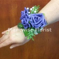 4T Silk Three Purple Roses Wrist Corsage on Pearl Bracelet