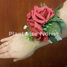 4S Silk Three Red Roses Wrist Corsage on Pearl Bracelet