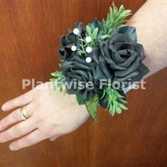 4Q Silk Three Black Roses Wrist Corsage on Pearl Bracelet