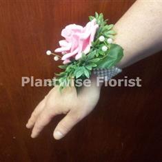 5K Silk Single Pink Foam Rose Wrist Corsage on Pearl Bracelet 