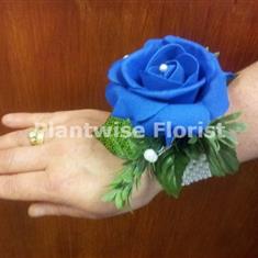 5J  Silk Single Blue Rose Wrist Corsage on Pearl Bracelet