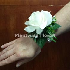 5A Silk Single White Foam Rose Wrist Corsage on Diamante Bracelet