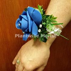 5H Silk Single Blue Rose Wrist Corsage on Diamante Bracelet