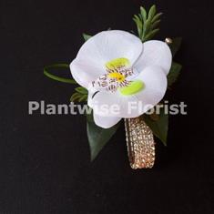 6C Silk Single White Orchid Wrist Corsage on Diamante Bracelet 
