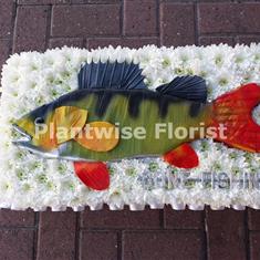 Perch Fish Made In Leaves on a White Flower Base Funeral Tribute
