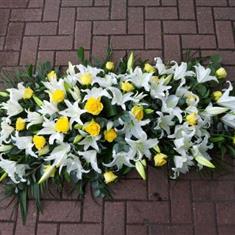 White Lily and Yellow Rose Coffin Spray For A Funeral