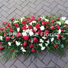 Rose, Alstromeria &amp; Carnation Casket Spray In Red &amp; White 