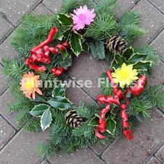 A Fresh Christmas Pine &amp; Holly Wreath with 3 Flowers