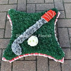 Golf Club and Ball On A Cushion Funeral Wreath