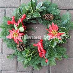 A Fresh Christmas Pine &amp; Holly Wreath includes 2 Flowers 