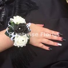 4B Silk Three Black and White Roses Wrist Corsage on Pearl Bracelet