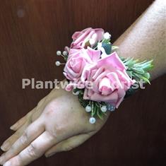 4G Silk Three Pink Roses Wrist Corsage on Pearl Bracelet
