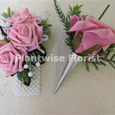 4H Silk 3 Pink Roses Pearl Wrist Corsage &amp; Decorative Buttonhole