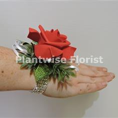 5L Silk Single Bright Red Rose Wrist Corsage on Diamante Bracelet