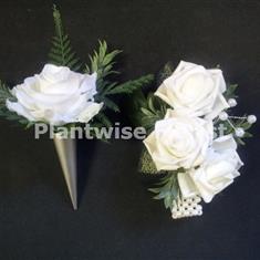 4K Silk 3 White Roses Pearl Wrist Corsage &amp; Decorative Buttonhole