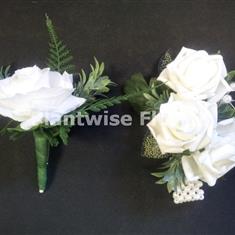 4L Silk 3 White Roses Pearl Wrist Corsage &amp; Standard Buttonhole