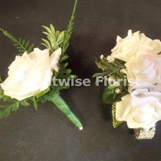 4E Silk 3 White Roses Diamante Wrist Corsage &amp; Standard Buttonhole