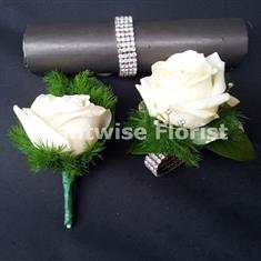 2B Fresh White Rose Wrist Corsage on Diamante With Std Buttonhole 