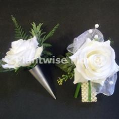 5G Silk Ivory Rose &amp; Ribbon Wrist on Pearl &amp; Decorative Buttonhole 