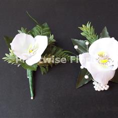 6B Silk White Orchid Wrist Corsage on Pearl &amp; Standard Buttonhole